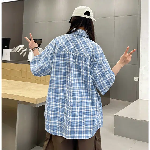 玄唐 日系格纹格子美式宽松休闲短袖衬衫 女款