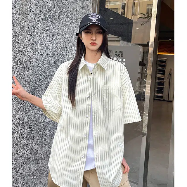 玄唐 条纹高级感复古衬衣短袖衬衫 女款