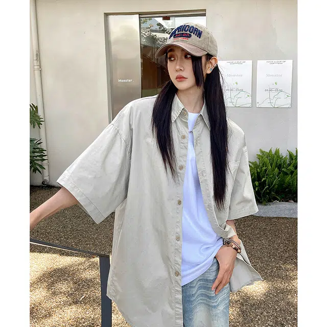 玄唐 复古港风宽松休闲简约小众搭配短袖衬衫 女款