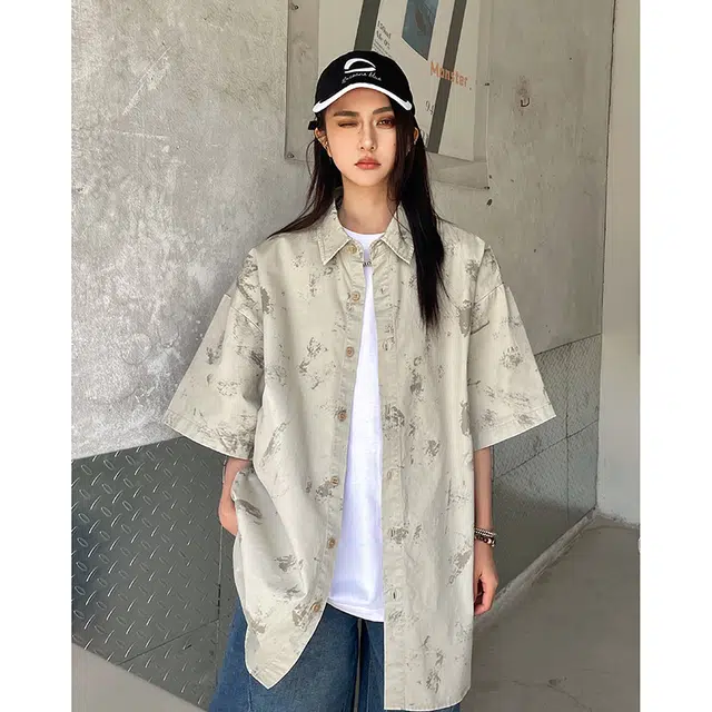 玄唐 扎染格子美式复古衬衣外套上衣翻领短袖衬衫 女款