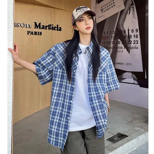 玄唐 日系格纹格子美式宽松休闲短袖衬衫 女款