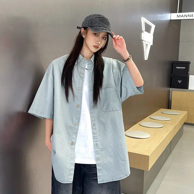 玄唐 复古港风宽松休闲简约小众搭配短袖衬衫 女款
