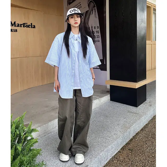 玄唐 条纹高级感复古衬衣短袖衬衫 女款