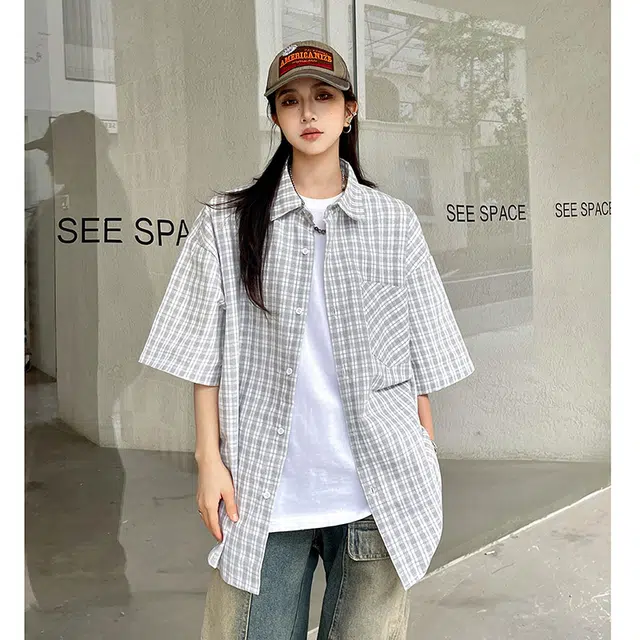 玄唐 复古格子翻领宽松休闲短袖衬衫 女款