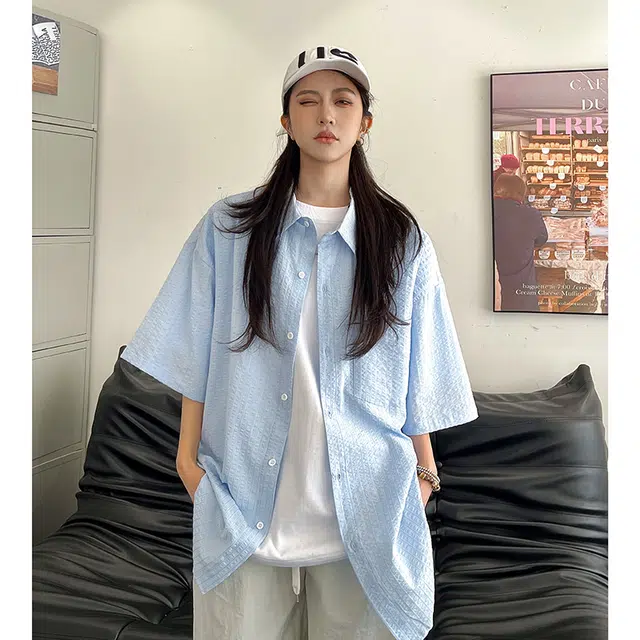 玄唐 纯色百搭慵懒风夏季百搭外套美式街头短袖衬衫 女款