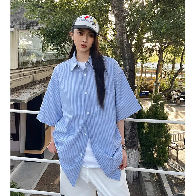 玄唐 条纹短袖夏季简约休闲百搭衬衣外套短袖衬衫 女款