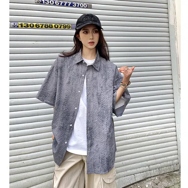玄唐 美式扎染青少年设计感休闲衬衣外套短袖衬衫 女款
