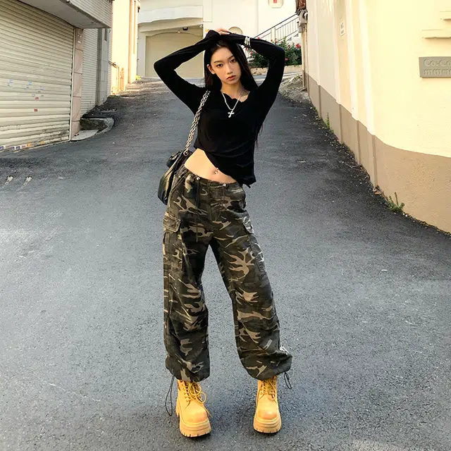 玄唐 美式高腰迷彩简约舒适通勤工装裤牛仔裤 女款