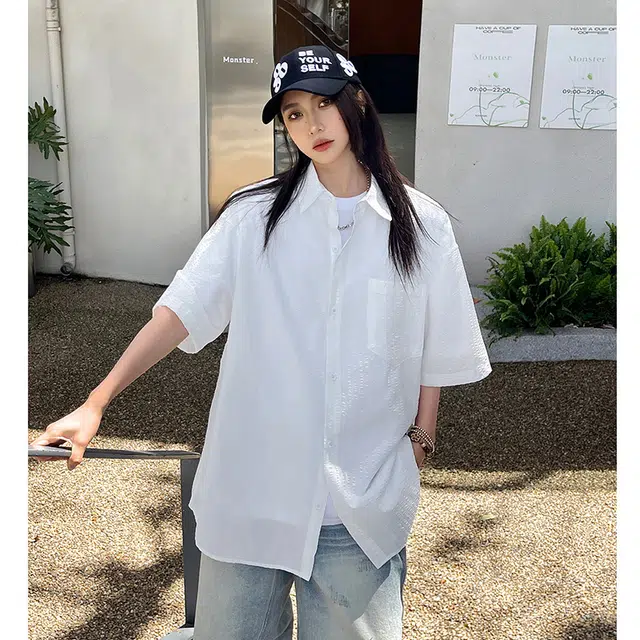 玄唐 纯色百搭慵懒风夏季百搭外套美式街头短袖衬衫 女款