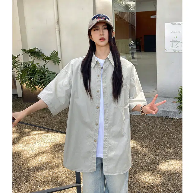 玄唐 复古港风宽松休闲简约小众搭配短袖衬衫 女款