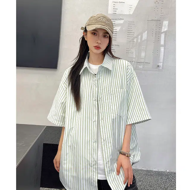 玄唐 条纹高级感复古衬衣短袖衬衫 女款