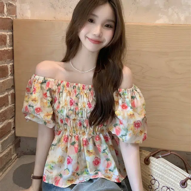 玄唐 法式碎花方领泡泡袖修身薄款短袖衬衫 女款