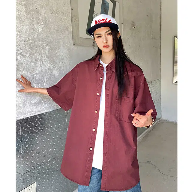 玄唐 复古港风宽松休闲简约小众搭配短袖衬衫 女款