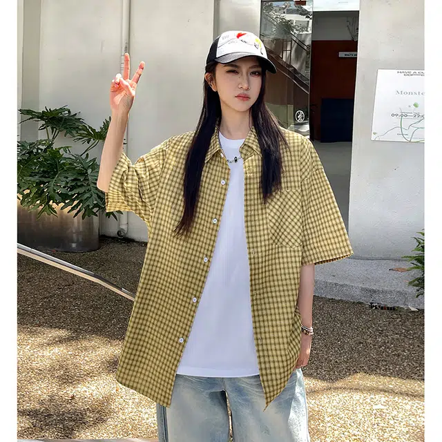玄唐 美式复古格子外套夏季小众细条纹衬衣半截袖短袖衬衫 女款