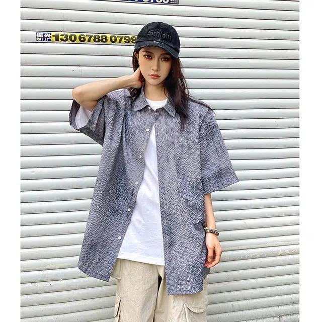 玄唐 美式扎染青少年设计感休闲衬衣外套短袖衬衫 女款