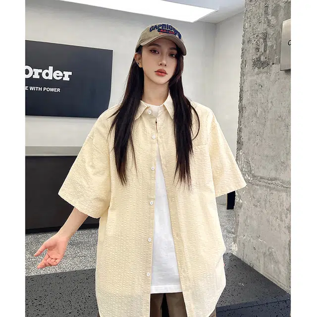 玄唐 纯色百搭慵懒风夏季百搭外套美式街头短袖衬衫 女款
