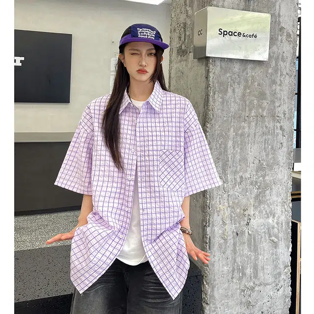 玄唐 穿搭格子宽松慵懒风衬衣外套薄款上衣短袖衬衫 女款