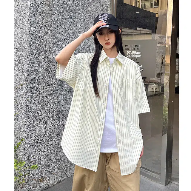 玄唐 条纹高级感复古衬衣短袖衬衫 女款