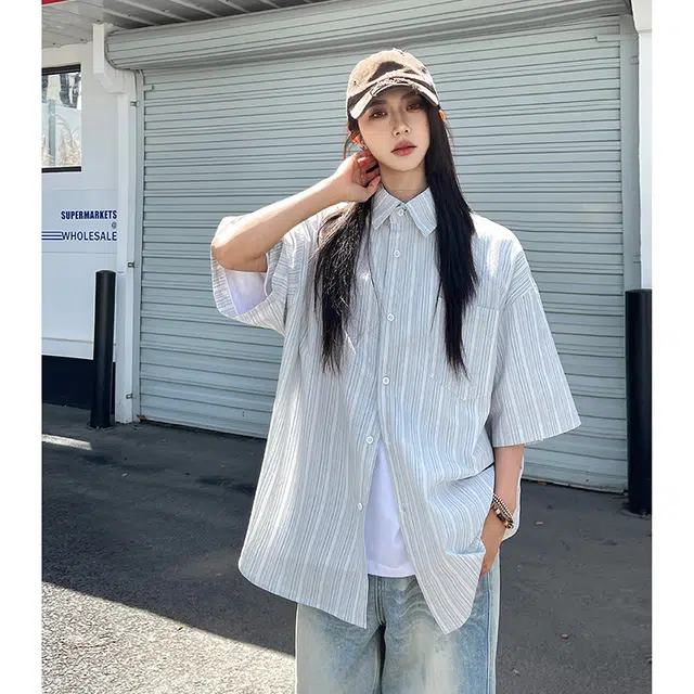 玄唐 条纹休闲简约百搭翻领薄款短袖衬衫 女款