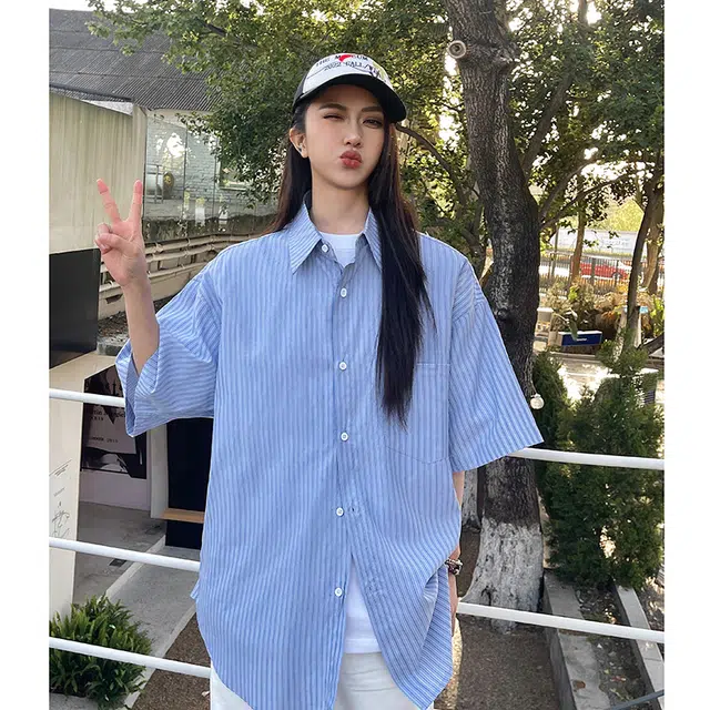 玄唐 条纹短袖夏季简约休闲百搭衬衣外套短袖衬衫 女款
