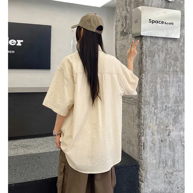 玄唐 纯色百搭慵懒风夏季百搭外套美式街头短袖衬衫 女款