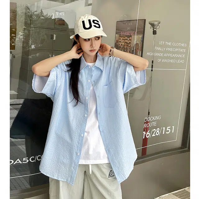 玄唐 纯色百搭慵懒风夏季百搭外套美式街头短袖衬衫 女款