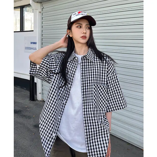 玄唐 美式复古格子百搭宽松上衣短袖衬衫 女款