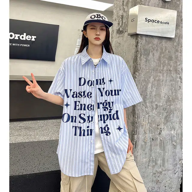 玄唐 条纹印花美式潮牌高级感休闲短袖衬衫 女款