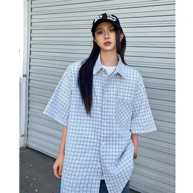 玄唐 穿搭格子宽松慵懒风衬衣外套薄款上衣短袖衬衫 女款