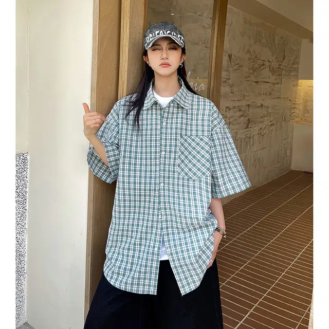 玄唐 复古格子翻领宽松休闲短袖衬衫 女款