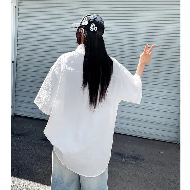 玄唐 纯色百搭慵懒风夏季百搭外套美式街头短袖衬衫 女款
