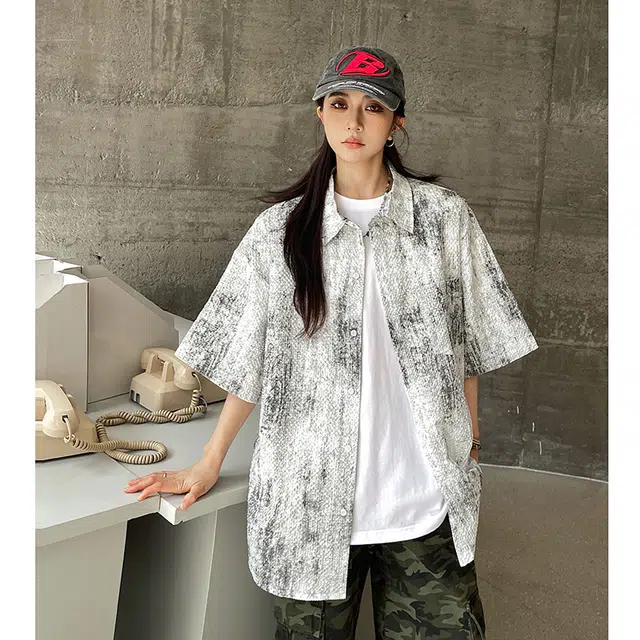玄唐 美式扎染青少年设计感休闲衬衣外套短袖衬衫 女款