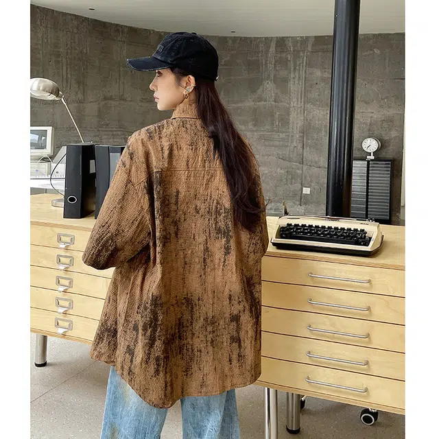 玄唐 美式扎染青少年设计感休闲衬衣外套短袖衬衫 女款