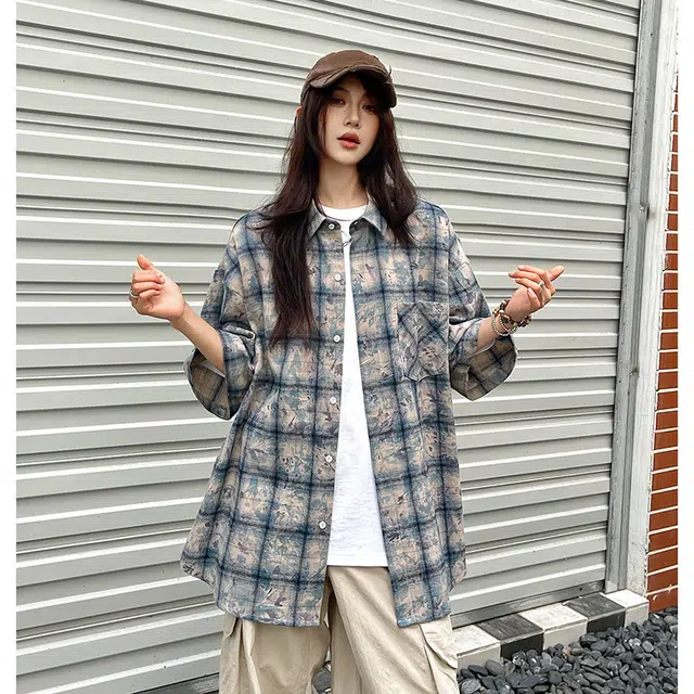 玄唐 美式复古扎染格子翻领高级感宽松百搭短袖衬衫 女款