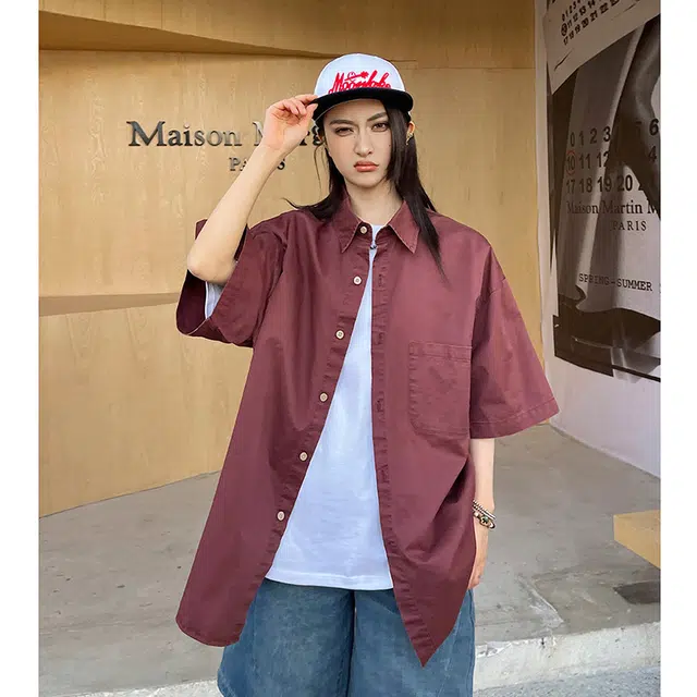 玄唐 复古港风宽松休闲简约小众搭配短袖衬衫 女款