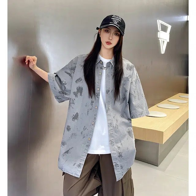 玄唐 扎染格子美式复古衬衣外套上衣翻领短袖衬衫 女款