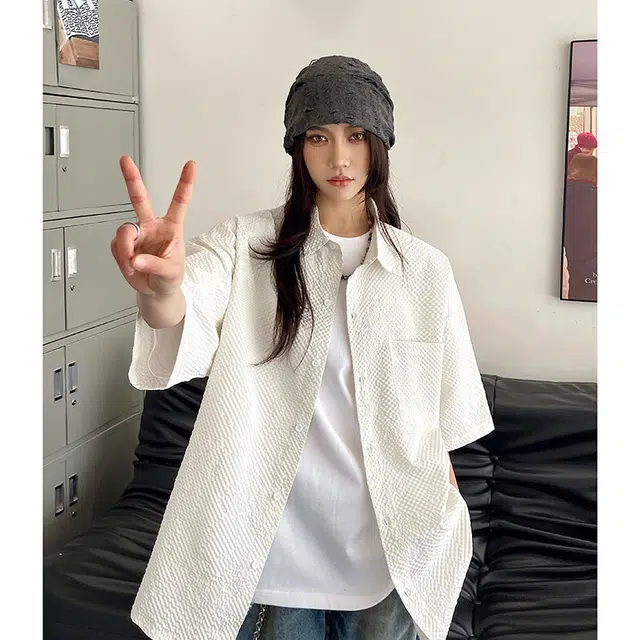 玄唐 翻领休闲宽松复古舒适短袖衬衫 女款