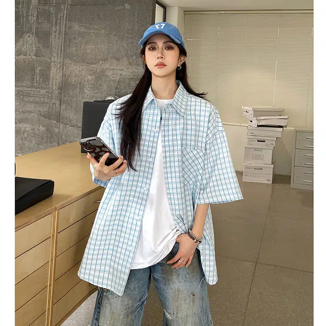 玄唐 穿搭格子宽松慵懒风衬衣外套薄款上衣短袖衬衫 女款