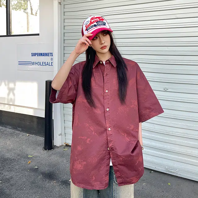 玄唐 扎染格子美式复古衬衣外套上衣翻领短袖衬衫 女款