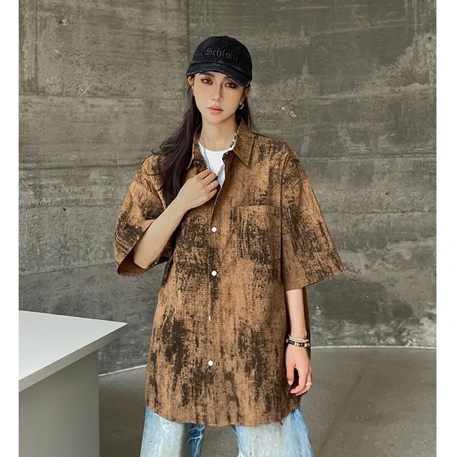 玄唐 美式扎染青少年设计感休闲衬衣外套短袖衬衫 女款