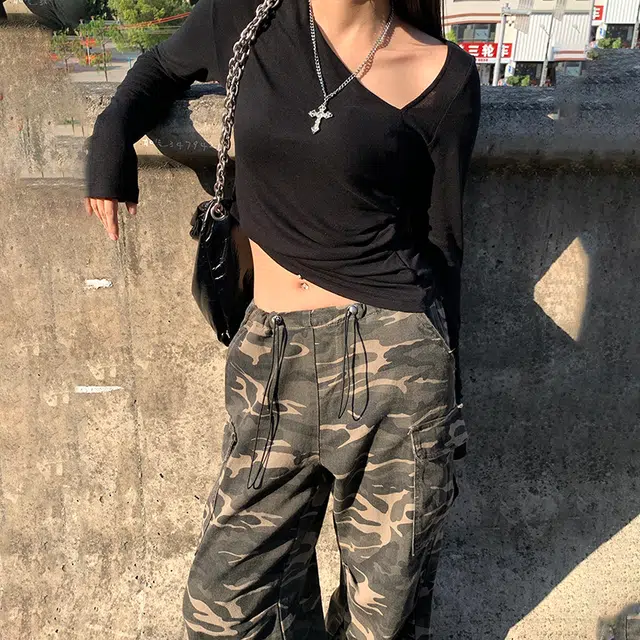 玄唐 美式高腰迷彩简约舒适通勤工装裤牛仔裤 女款