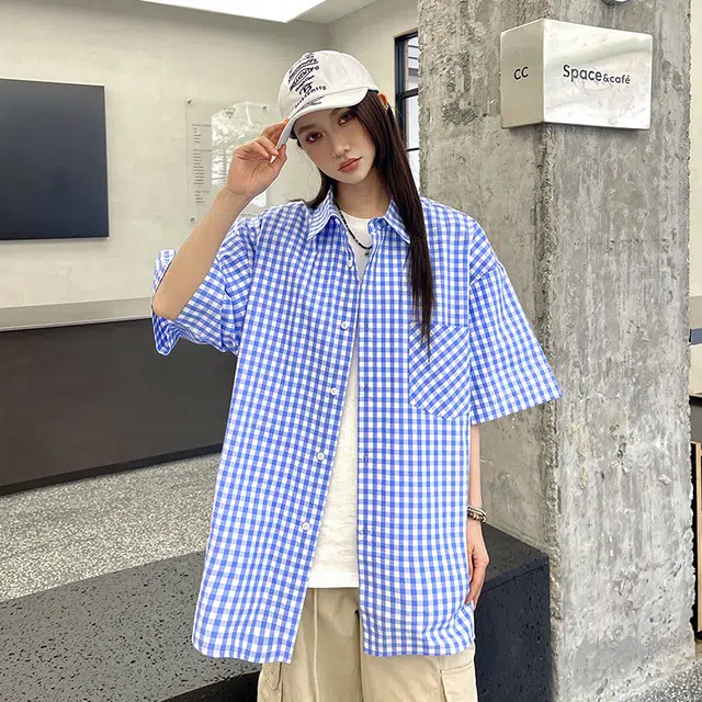 玄唐 美式复古格子百搭宽松上衣短袖衬衫 女款