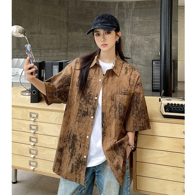 玄唐 美式扎染青少年设计感休闲衬衣外套短袖衬衫 女款