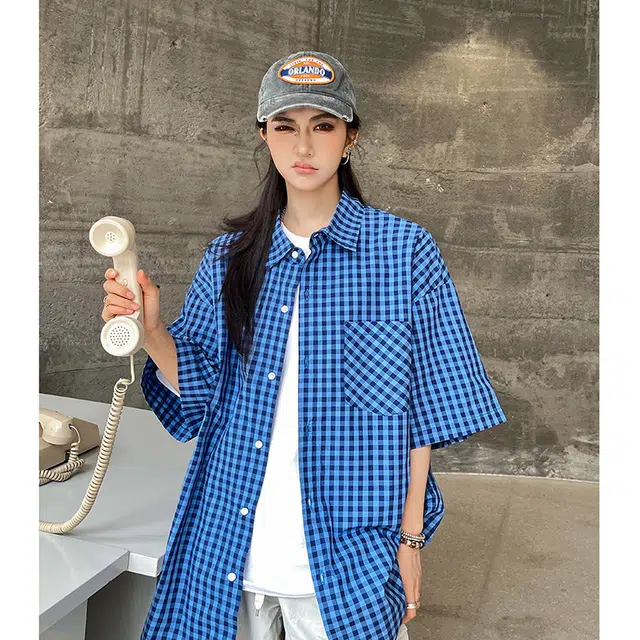 玄唐 美式复古格子百搭宽松上衣短袖衬衫 女款