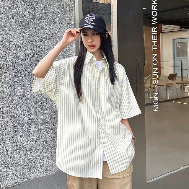 玄唐 条纹高级感复古衬衣短袖衬衫 女款