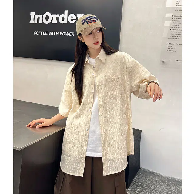 玄唐 纯色百搭慵懒风夏季百搭外套美式街头短袖衬衫 女款