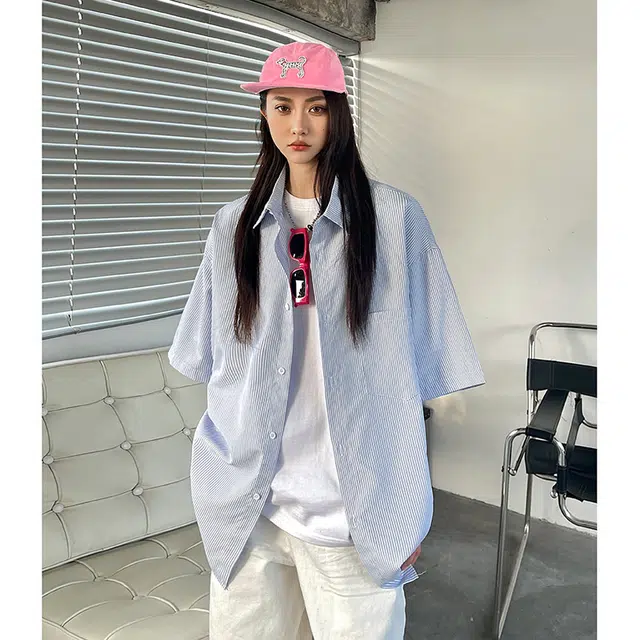 玄唐 日系薄款宽松条纹休闲短袖衬衫 女款