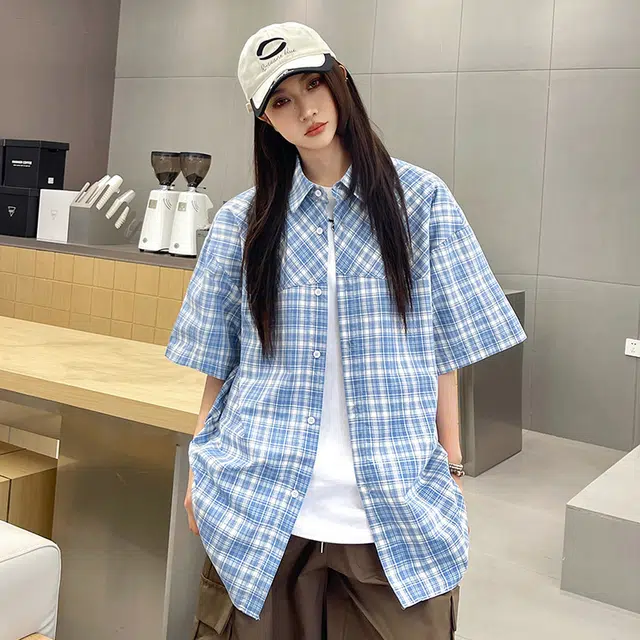 玄唐 日系格纹格子美式宽松休闲短袖衬衫 女款