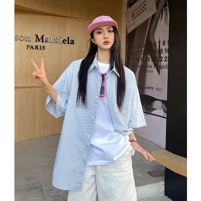 玄唐 日系薄款宽松条纹休闲短袖衬衫 女款