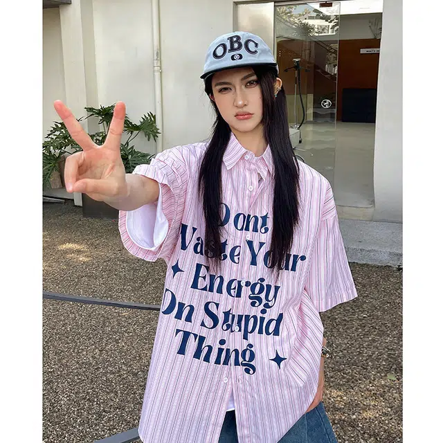 玄唐 条纹印花美式潮牌高级感休闲短袖衬衫 女款